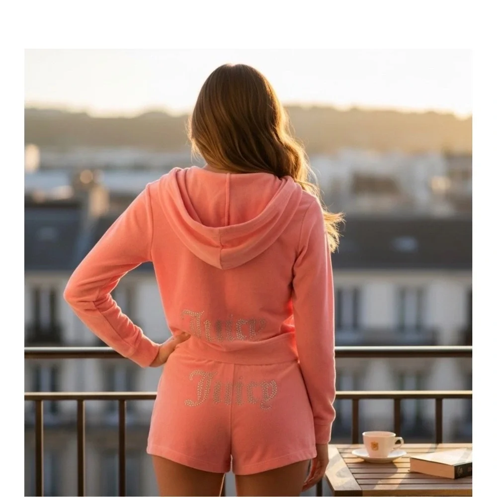 Juicy Couture Bling Velour Tracksuit Hoodie Shorts Set Flamingo Pink L NWT